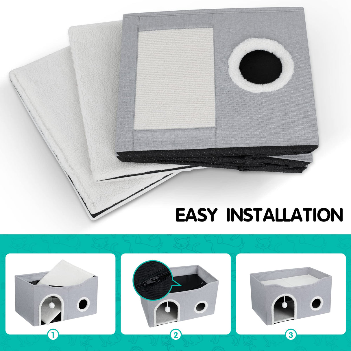 Cat House for Indoor Cats - Large Cat Bed Cave with Fluffy Ball and Scratch Pad