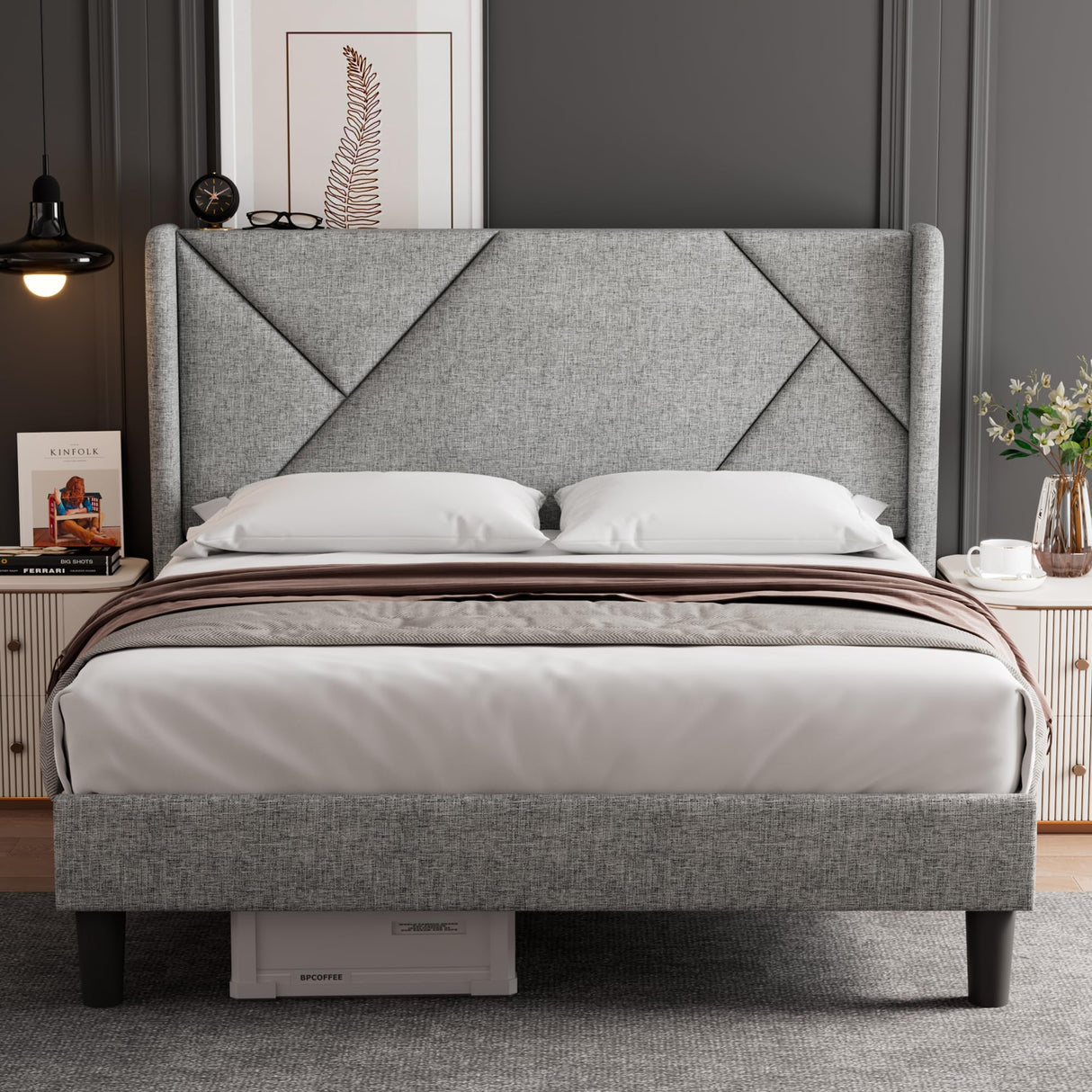 Queen Size Platform Bed Frame with Headboard, Upholstered Bed Frame with Solid Wood