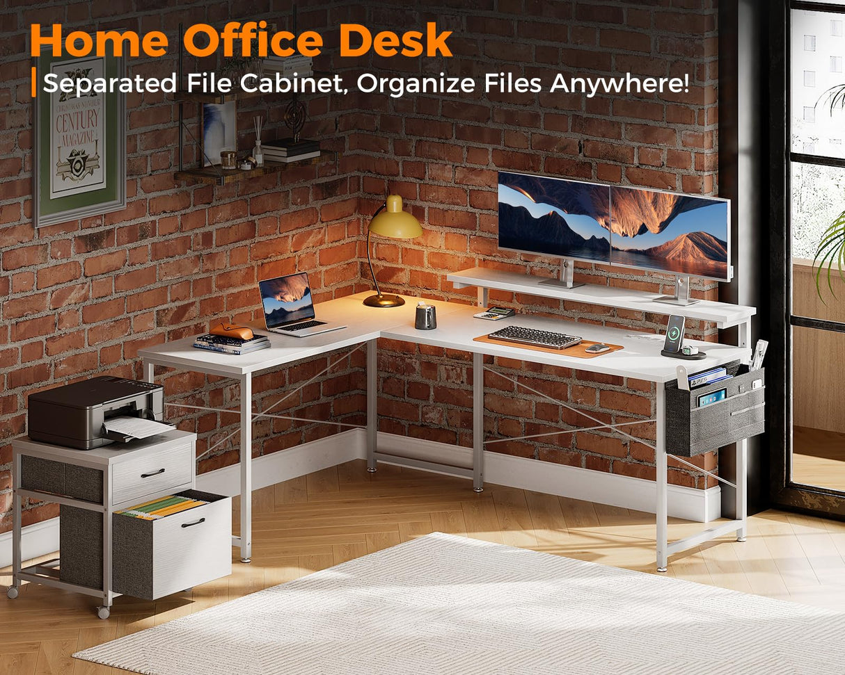 L Shaped Computer Desk, 55" Office Desk with File Cabinet