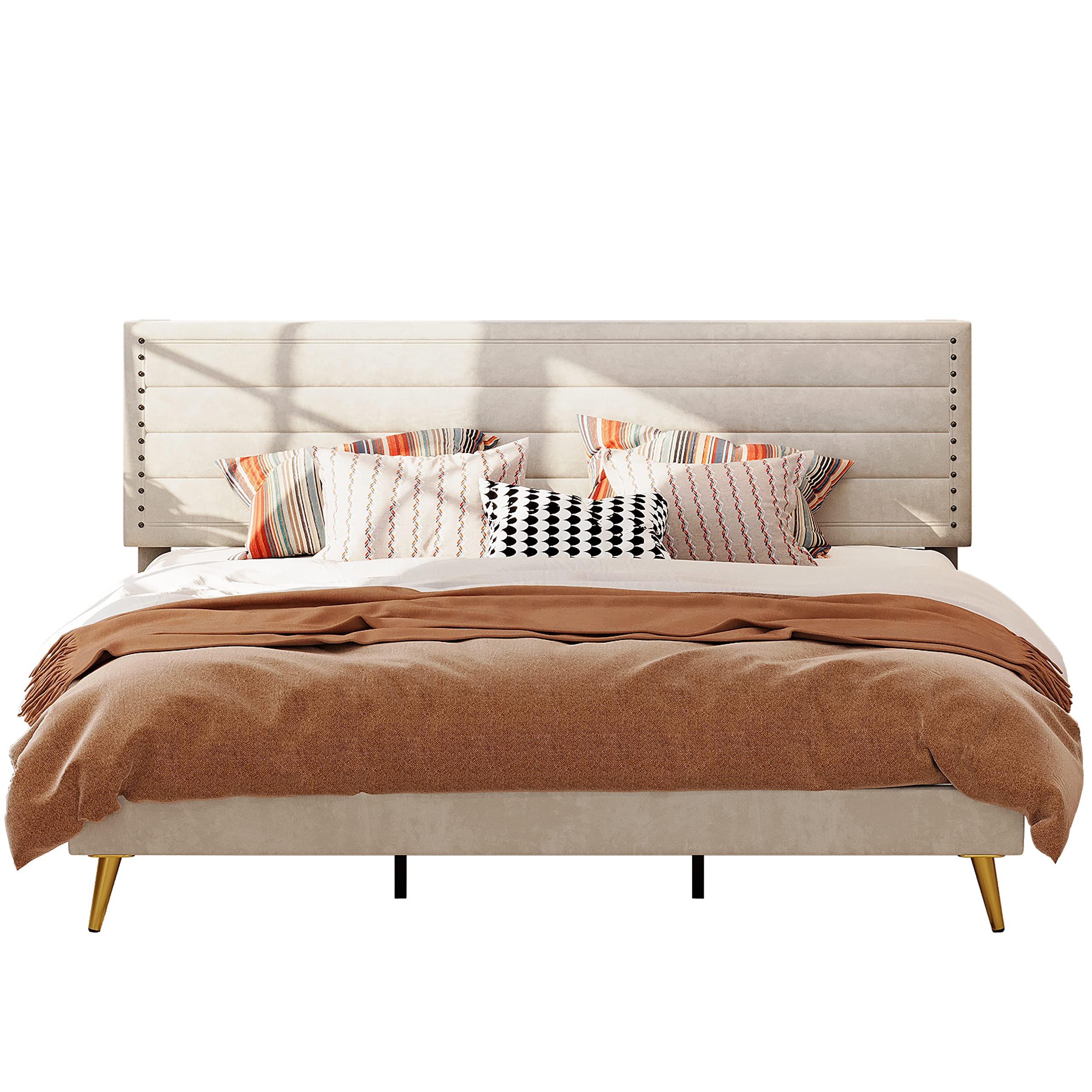 King Size Bed Frame, Upholstered Platform Bed King with Headboard Heavy Strong Metal