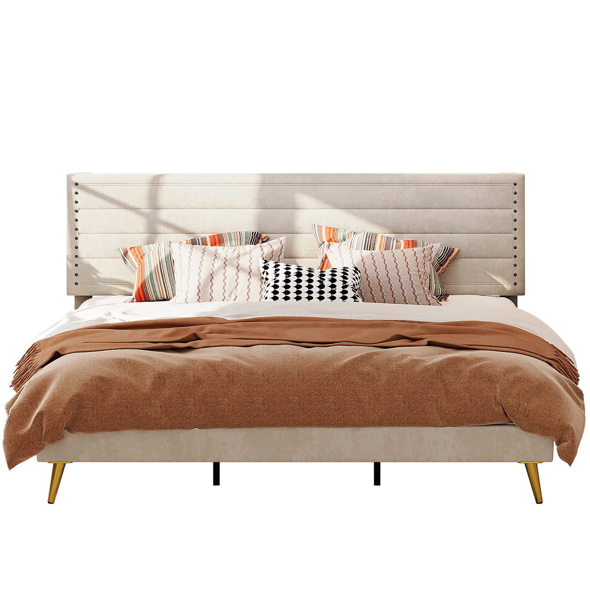 King Size Bed Frame, Upholstered Platform Bed King with Headboard Heavy Strong Metal