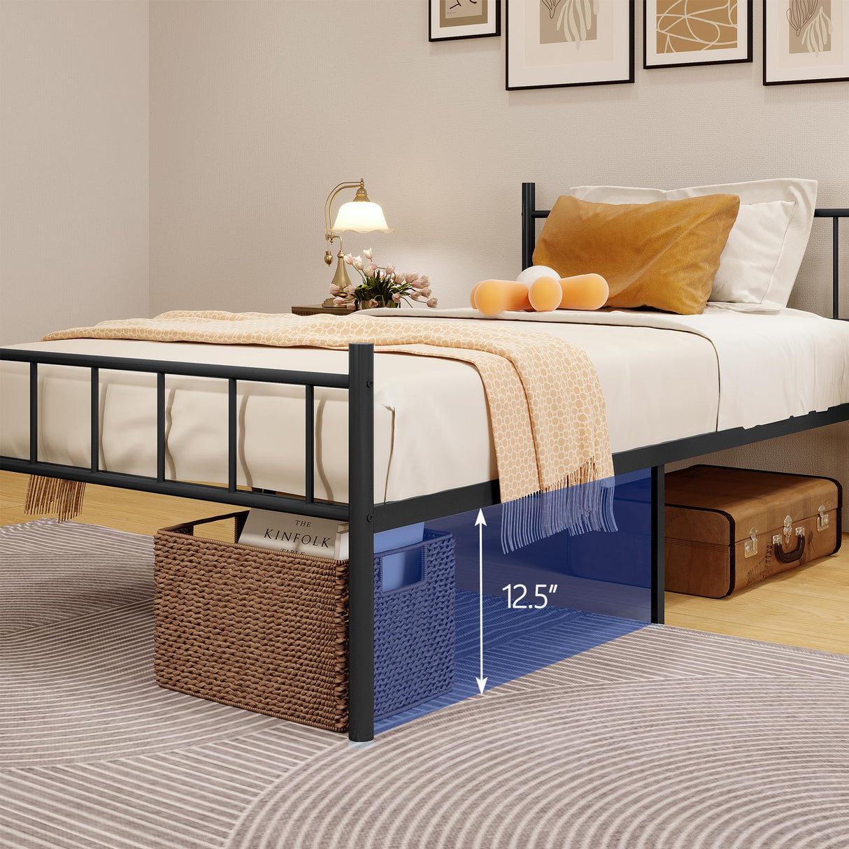 14 Inch Twin Metal Platform Bed Frame with Headboard,Mattress Foundation,Steel Slat