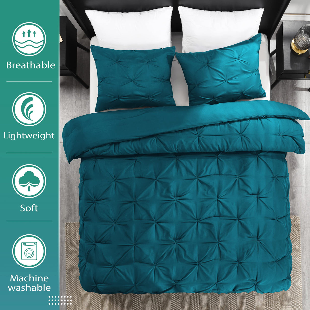 Pintuck Queen Comforter Set with 2 Pillow Shams - 3-Piece - Crystal Teal Queen Bed