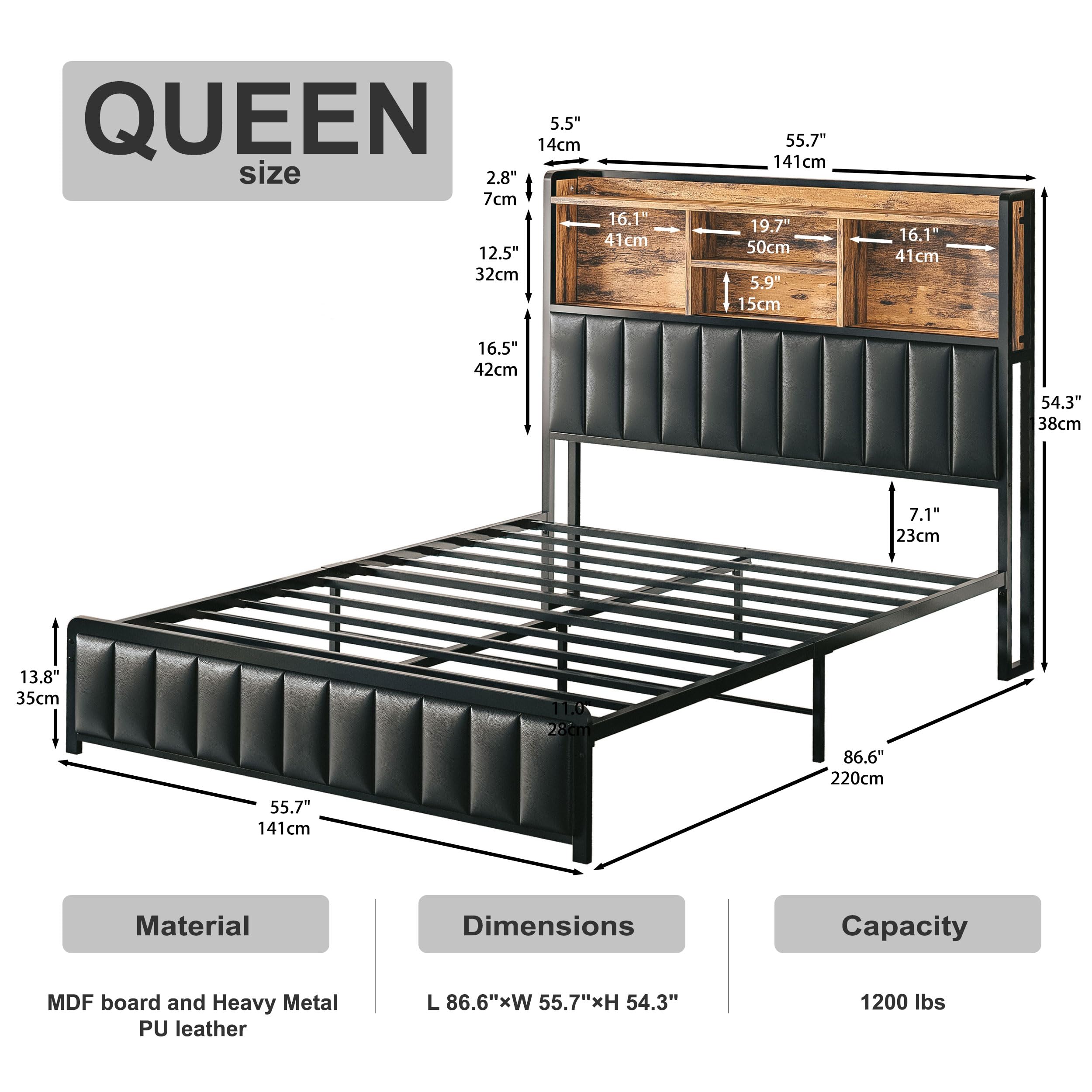Queen Bed Frame with Upholstered Headboard and LED Light, Strong Platform Bed