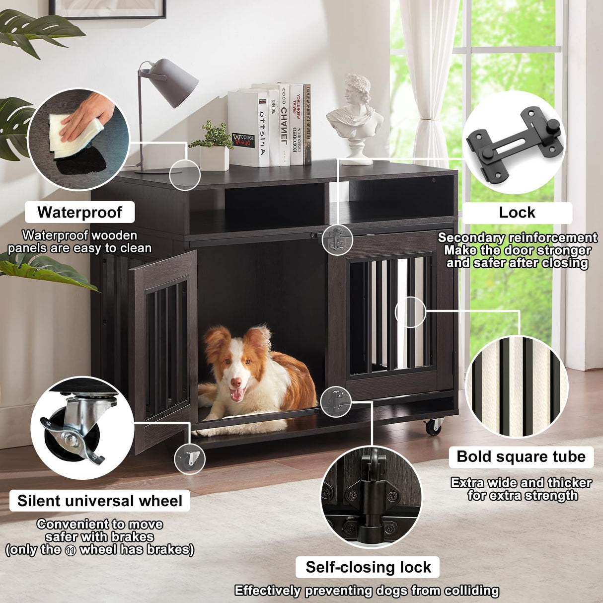 Dog Crate Furniture, Wooden Dog Crate Table, Decorative Dog Kennel with 2 Drawers