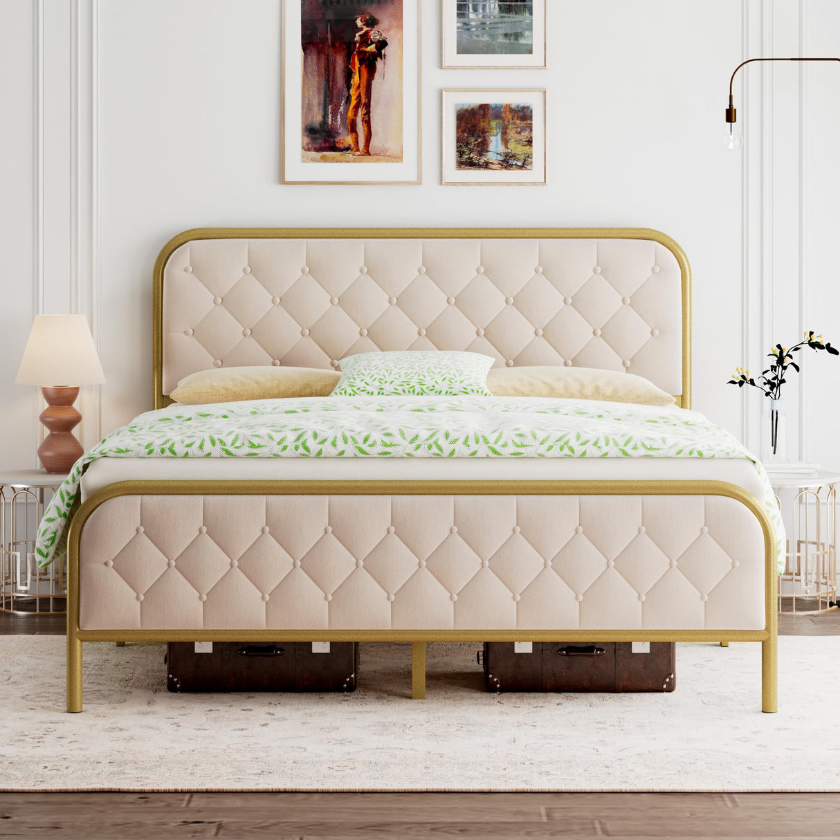 Full Size Bed Frame, Upholstered Bed Frame with Diamond Tufted Headboard