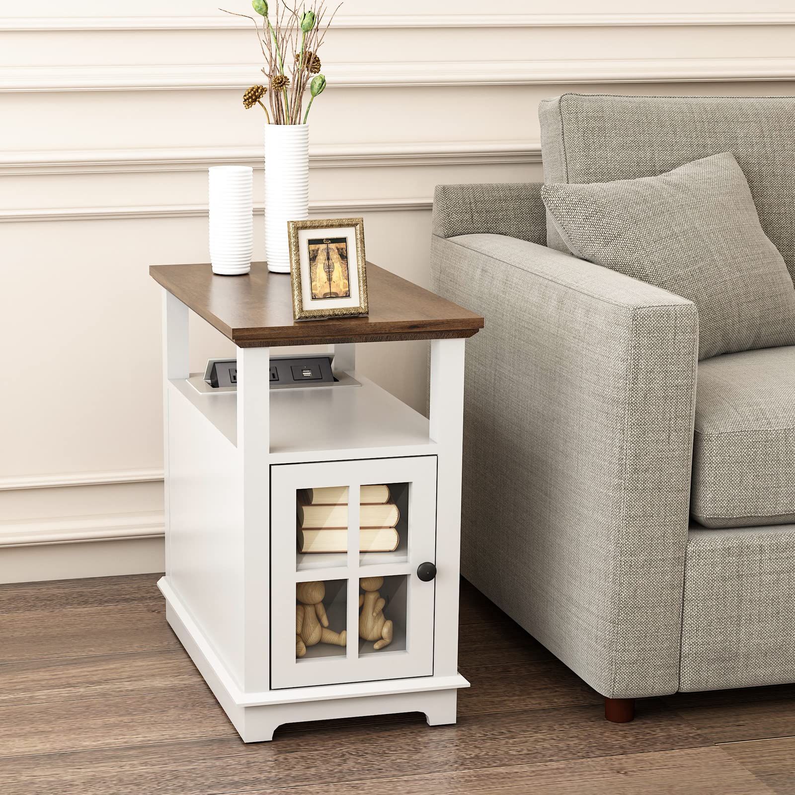 End Table with Charging Station, White Side Table with Storage, 2 Power outlets