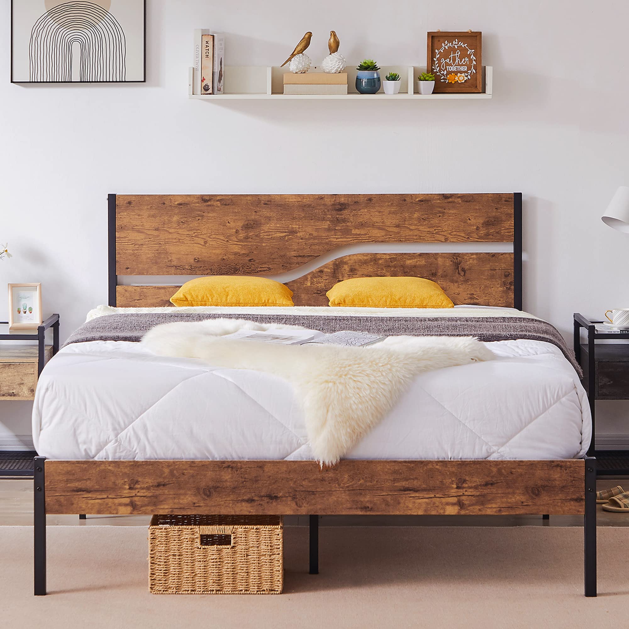 Full Size Platform Bed Frame with Rustic Vintage Wood Headboard