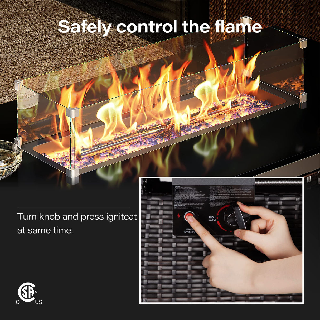 Fire Pit Table - 43 Inch Outdoor Rattan Propane Gas Fire Pit with Glass Wind Guard