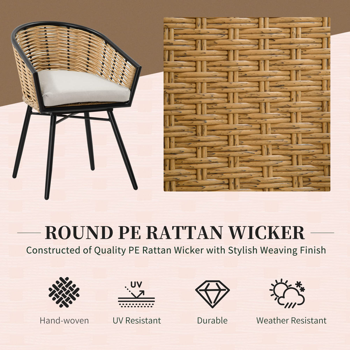 3 Pieces Patio PE Rattan Bistro Set, Outdoor Round Wicker Coffee Set