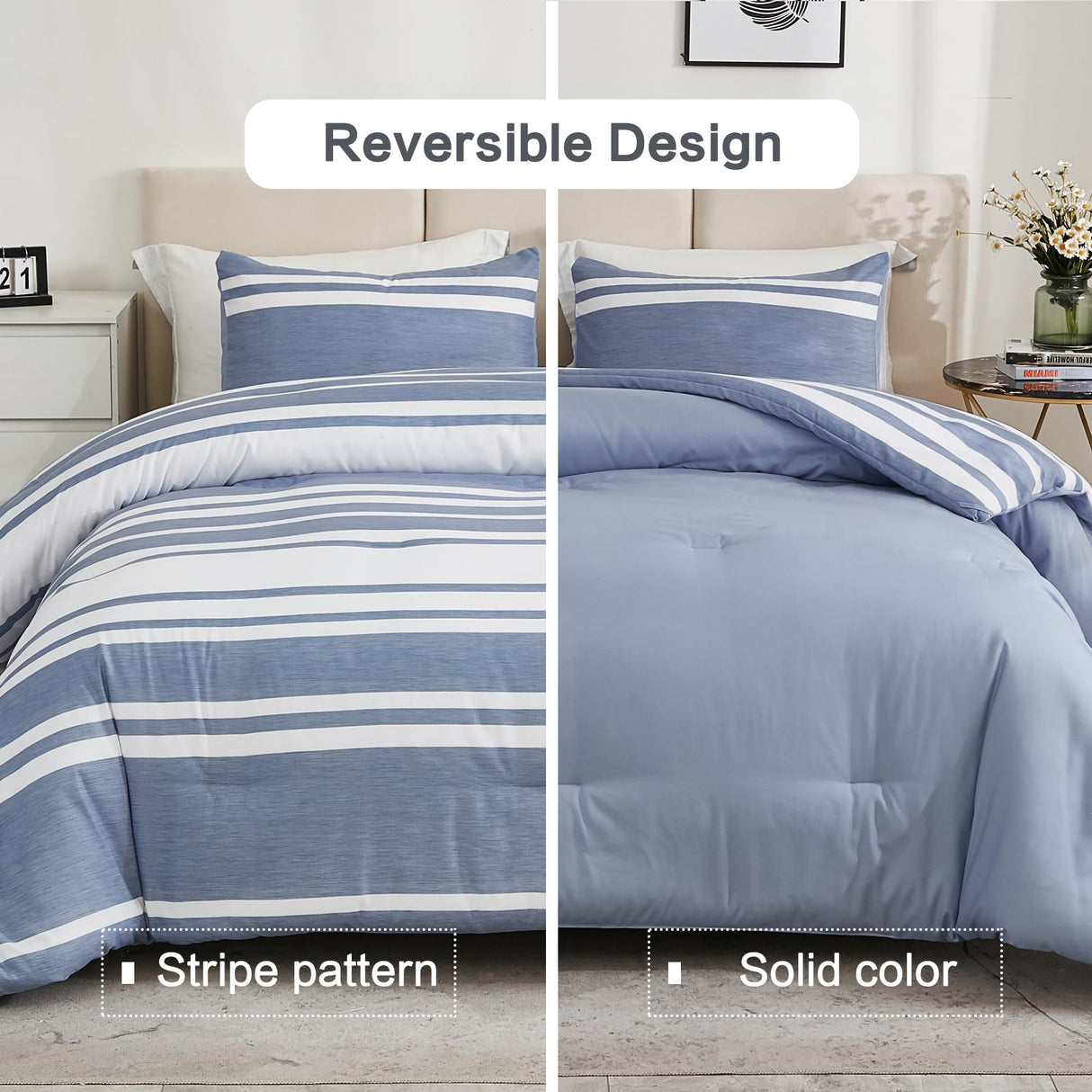 3 Pieces Striped Summer Bedding Sets, Reversible Soft Lightweight