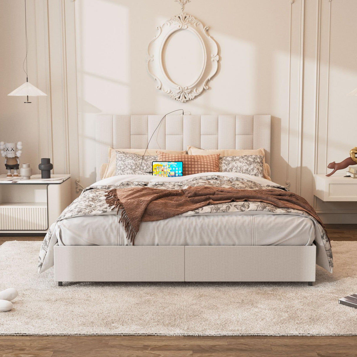 King Size Bed Frame with 4 Storage Drawers, Upholstered Platform Bed Frame