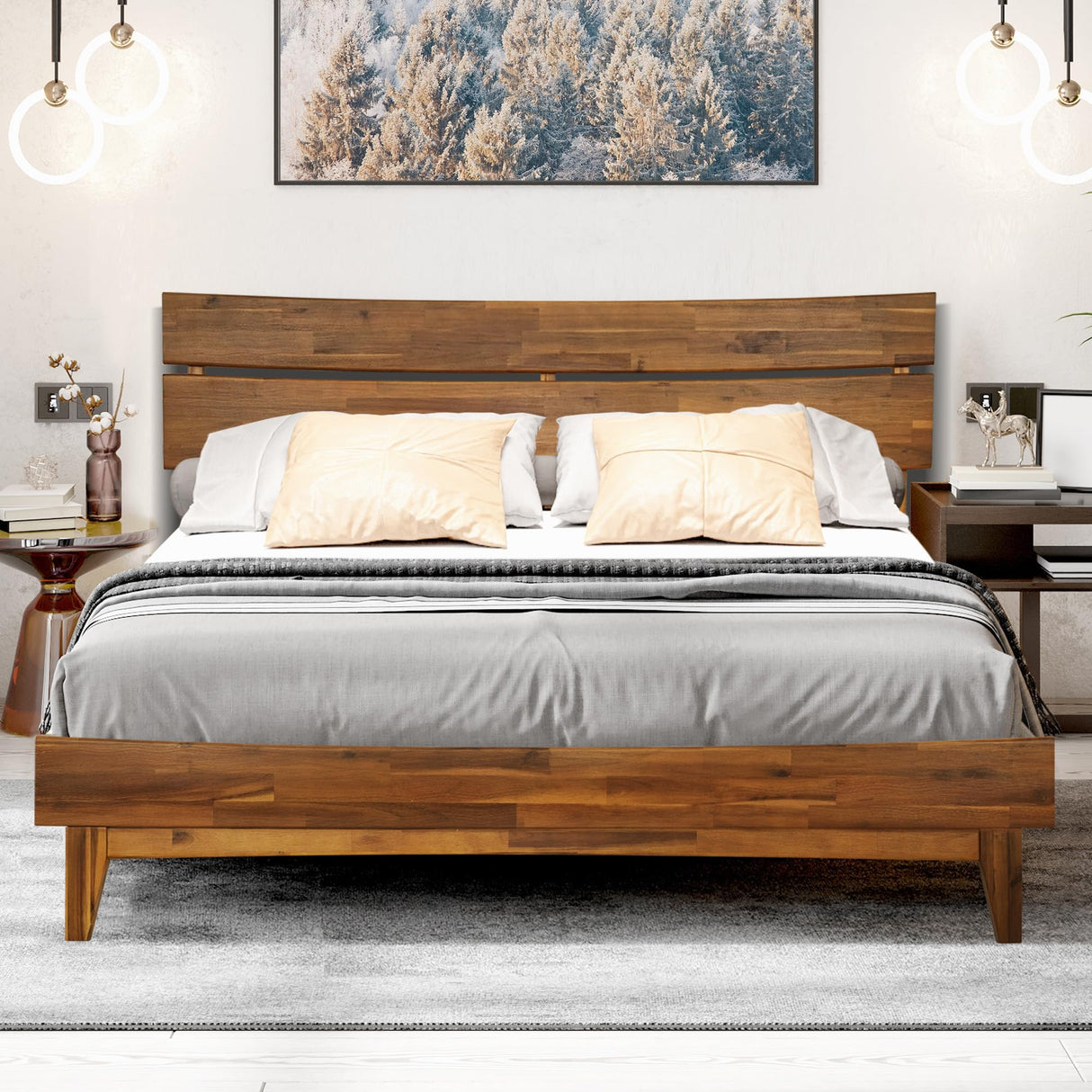 Bed Frame with Headboard Solid Wood Platform Bed
