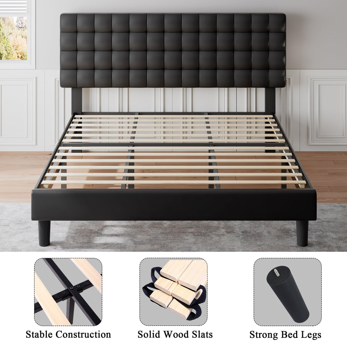 King Size Platform Bed Frame, Faux Leather Upholstered Bed Frame with Square Tufted