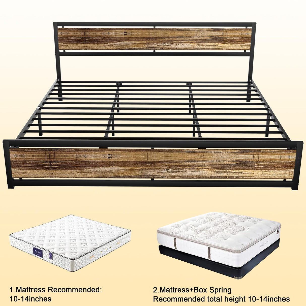 King Size Platform Bed Frame with Industrial Wood Headboard and 12 Strong Support Meta