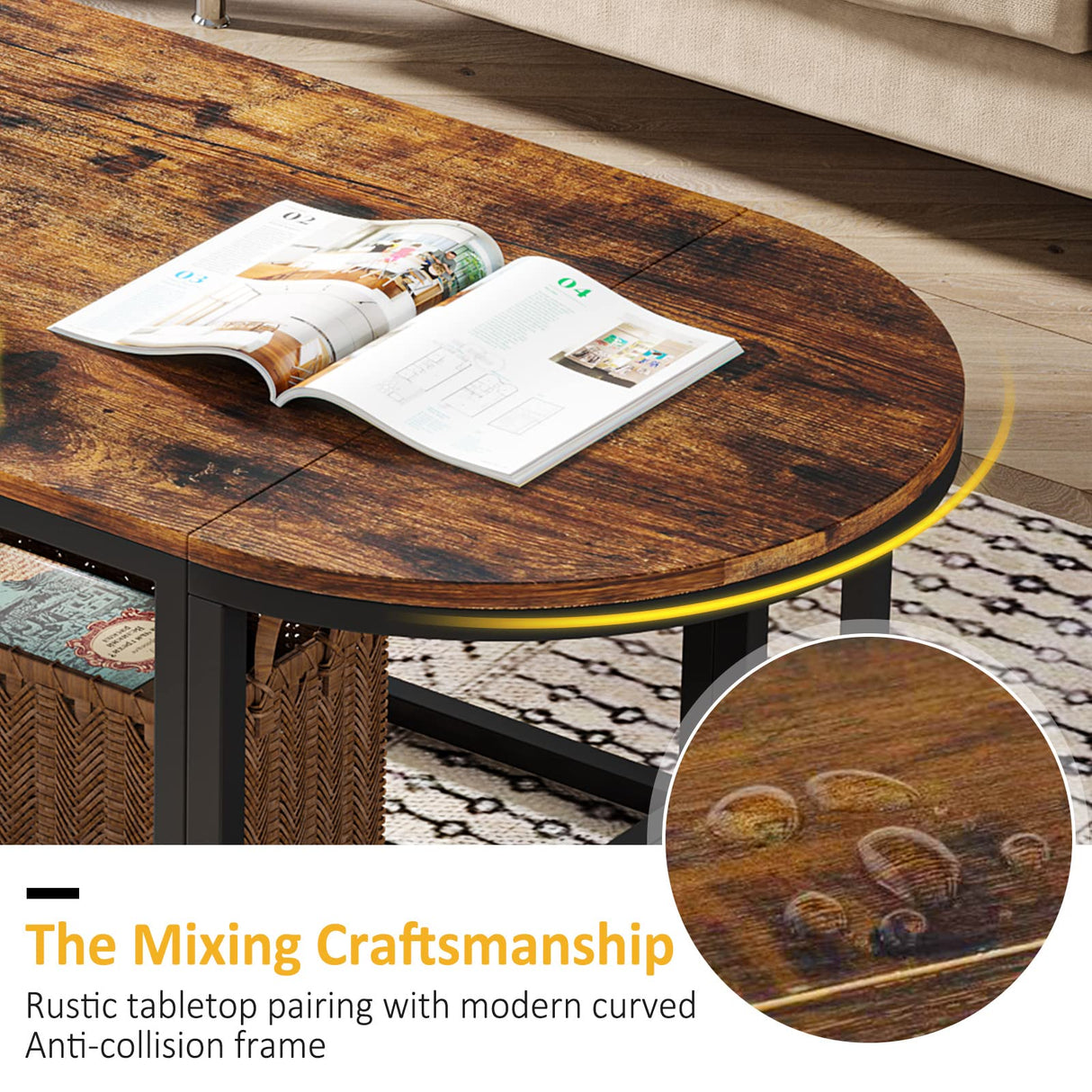 , Grand 47" Mid-Century 3 in1 Multi-Functional Detachable Oval Coffee Table