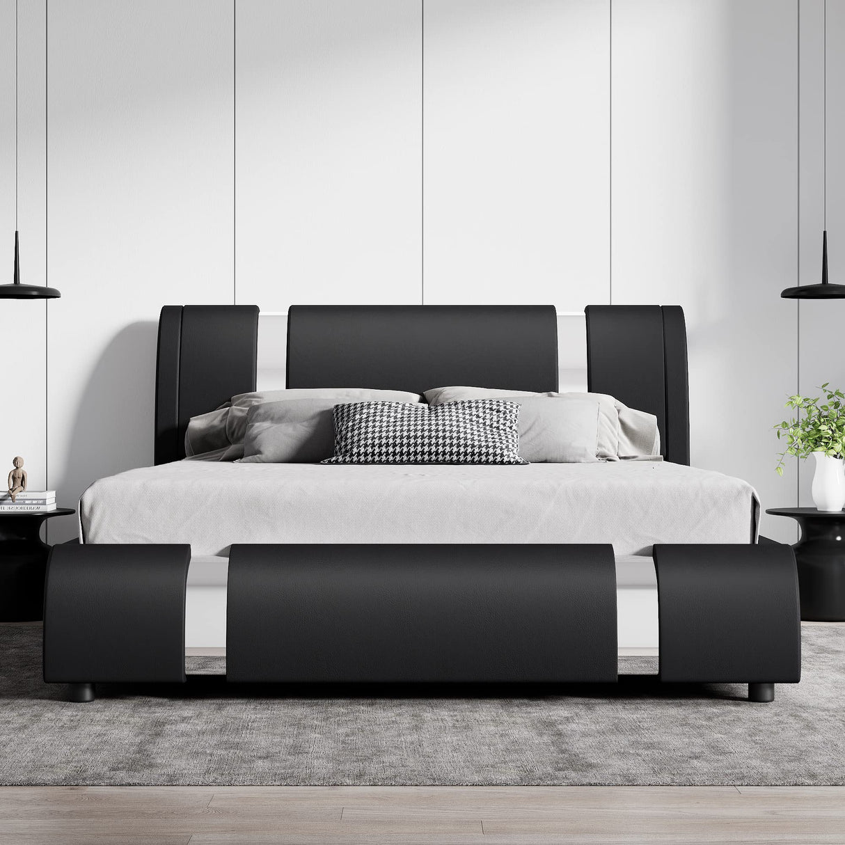Modern Faux Leather Queen Bed Frame with Adjustable Headboard