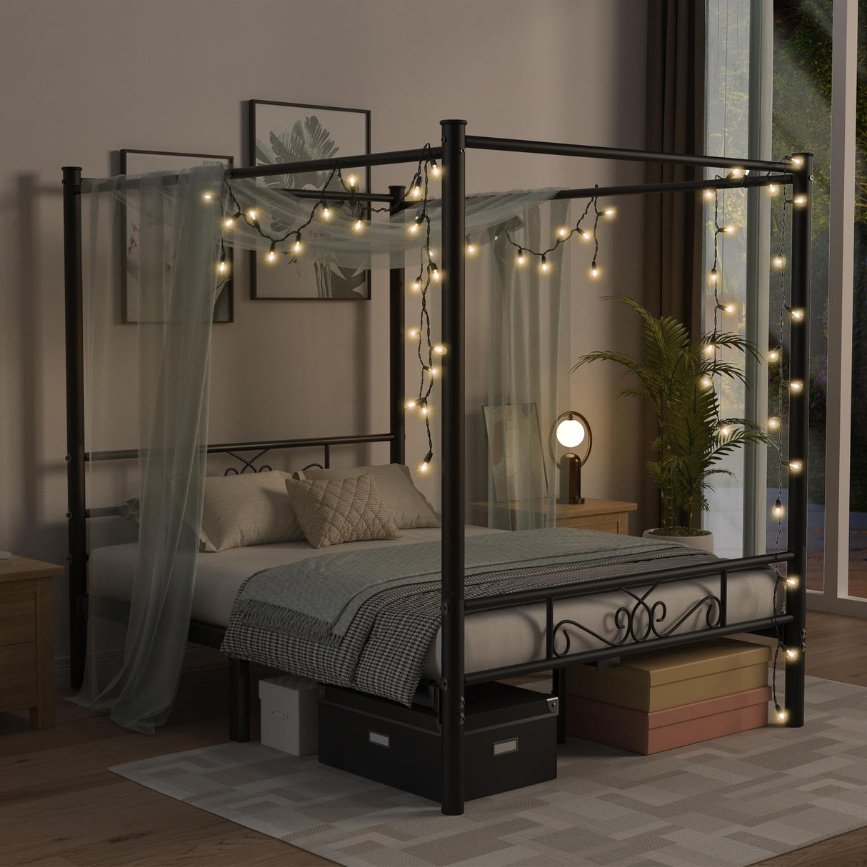 Metal Canopy Bed Frame Full Size, Four-Poster Canopied Platform Bed with Headboard