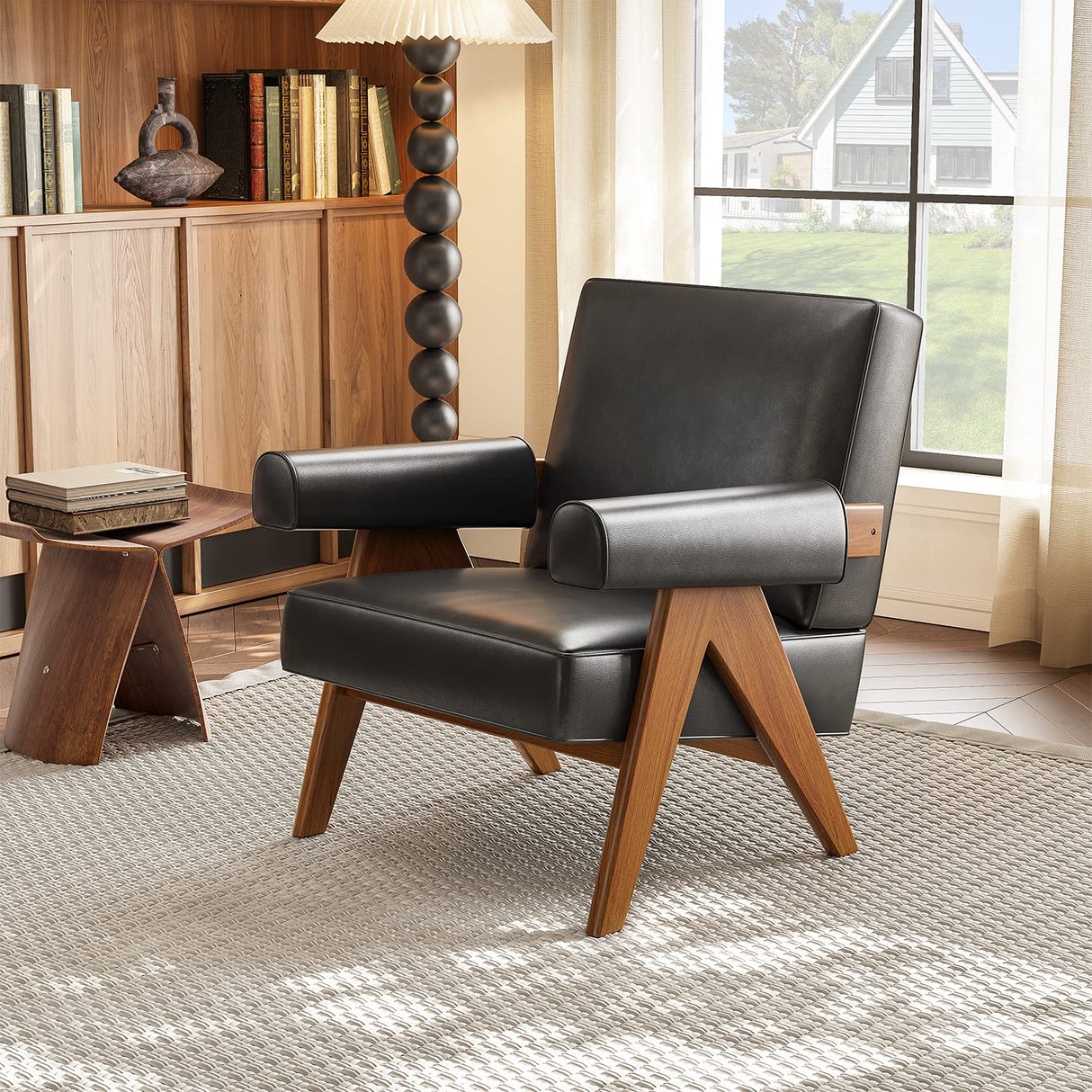 Leather Accent Chair, Mid Century Modern Armchair with Ash Wood Feet