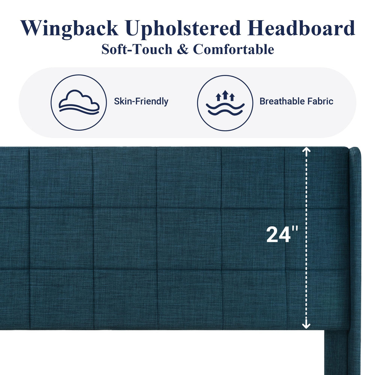 King Size Platform Bed Frame with Wingback, Upholstered Square Stitched Headboard