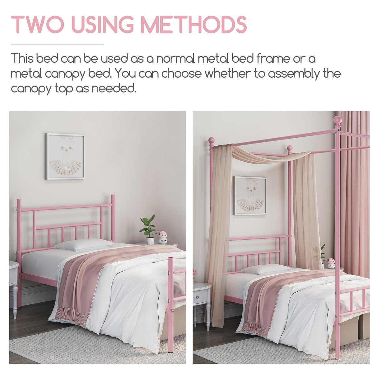 Twin Metal Canopy Bed Frame, Pink, 77.5" L x 41" W x 78" H, 350 lb Weight Capacity