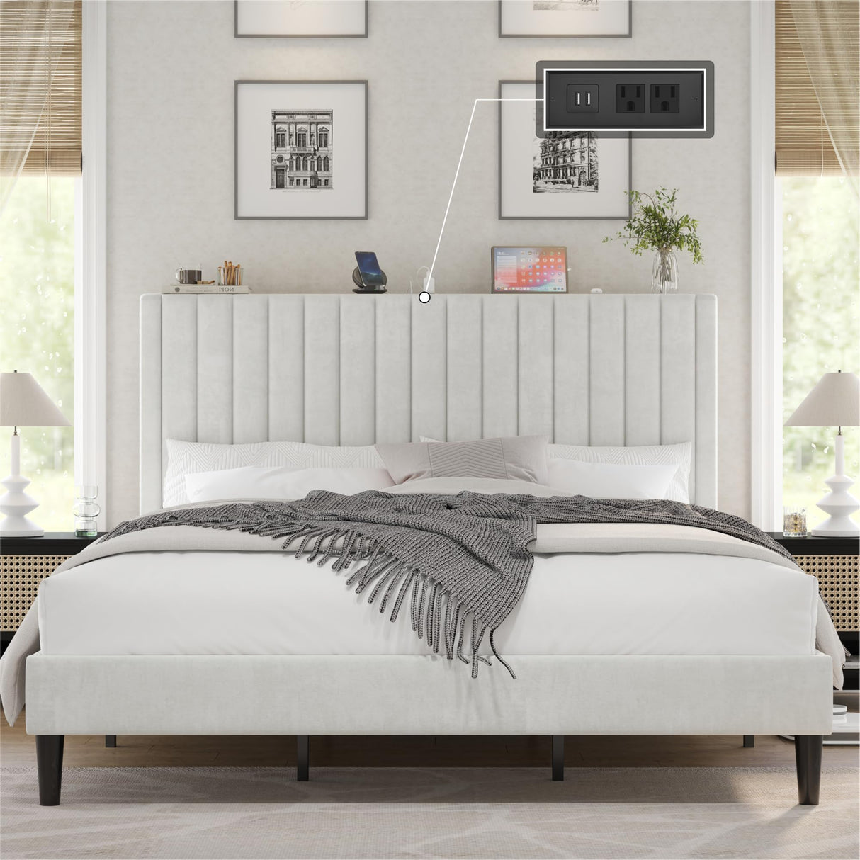King Size Bed Frame, Velvet Upholstered Platform Bed