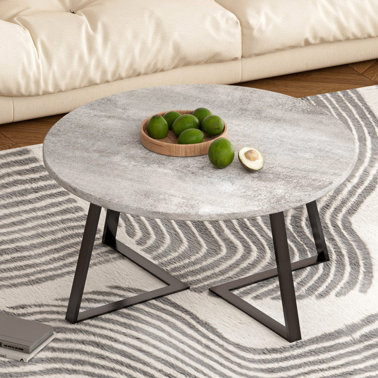 34" Round Coffee Table for Living Room - Industrial Concrete-Colored
