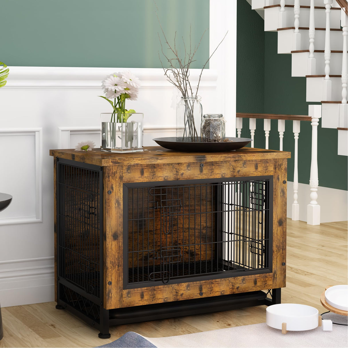 Wooden Dog Crate Furniture with 3 Doors, Dog Crate End Table with Tray