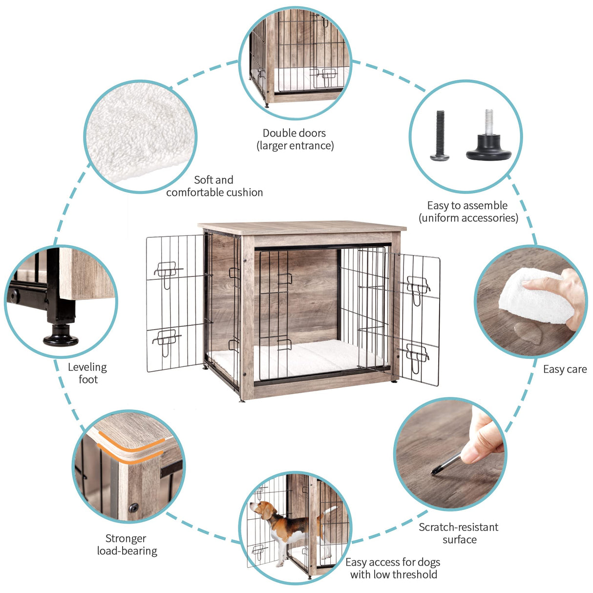 Dog Crate Furniture with Cushion, Wooden Dog Crate with Double Doors, Dog Furniture