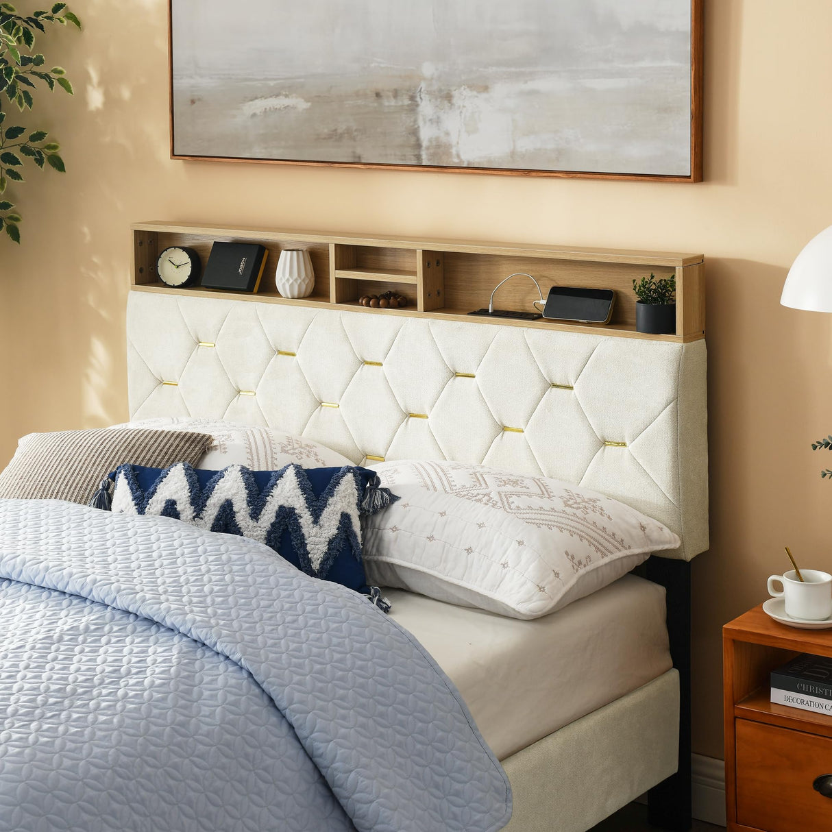 Storage Shelves & USB Charging Ports Headboard, Modern Beige