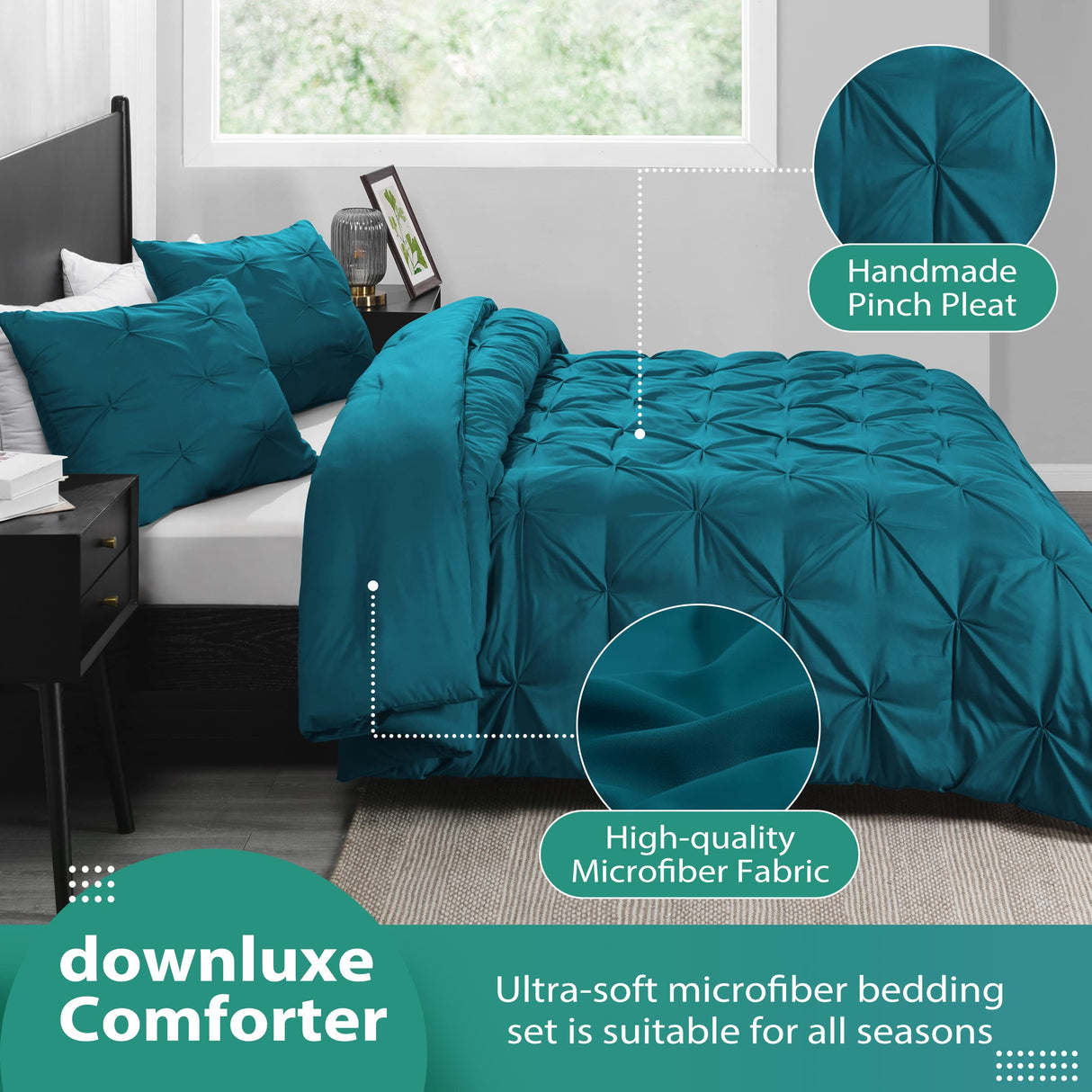 Pintuck Queen Comforter Set with 2 Pillow Shams - 3-Piece - Crystal Teal Queen Bed
