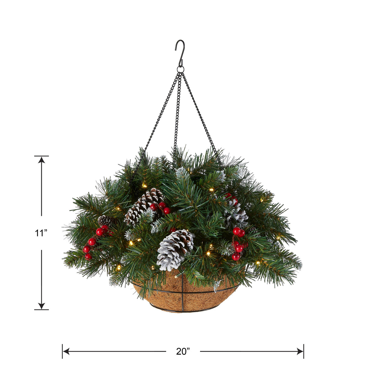 Pre-Lit Artificial Hanging Basket, , Decorated With Frosted Pine Cones