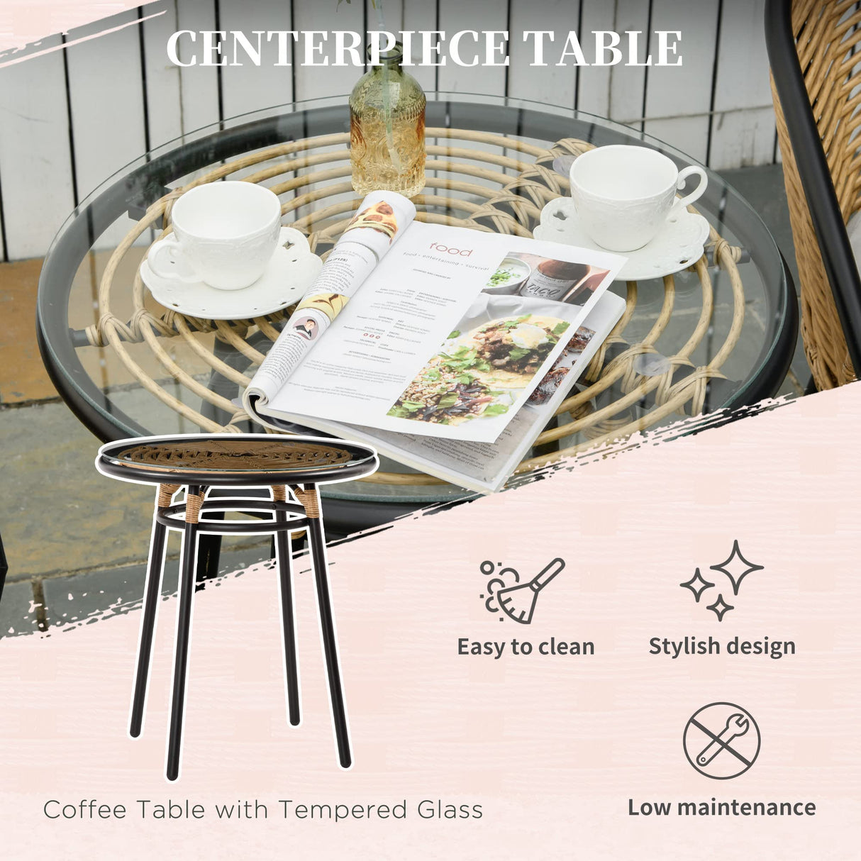 3 Pieces Patio PE Rattan Bistro Set, Outdoor Round Wicker Coffee Set