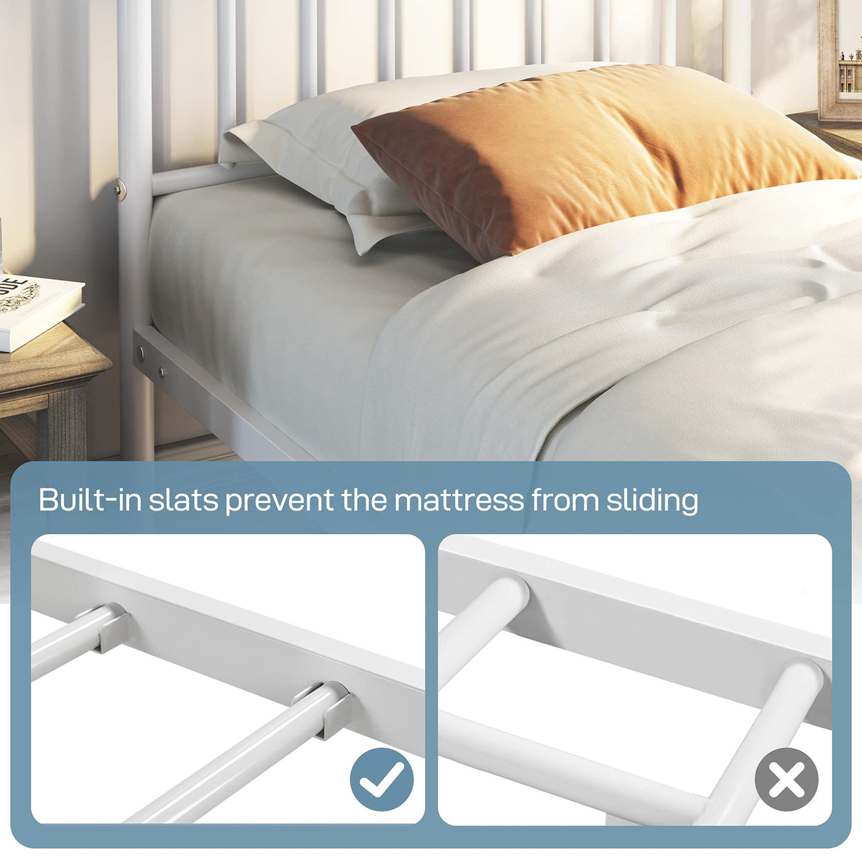 Twin Size Bed Frame Metal Platform Mattress Foundation with Spindle Headboard