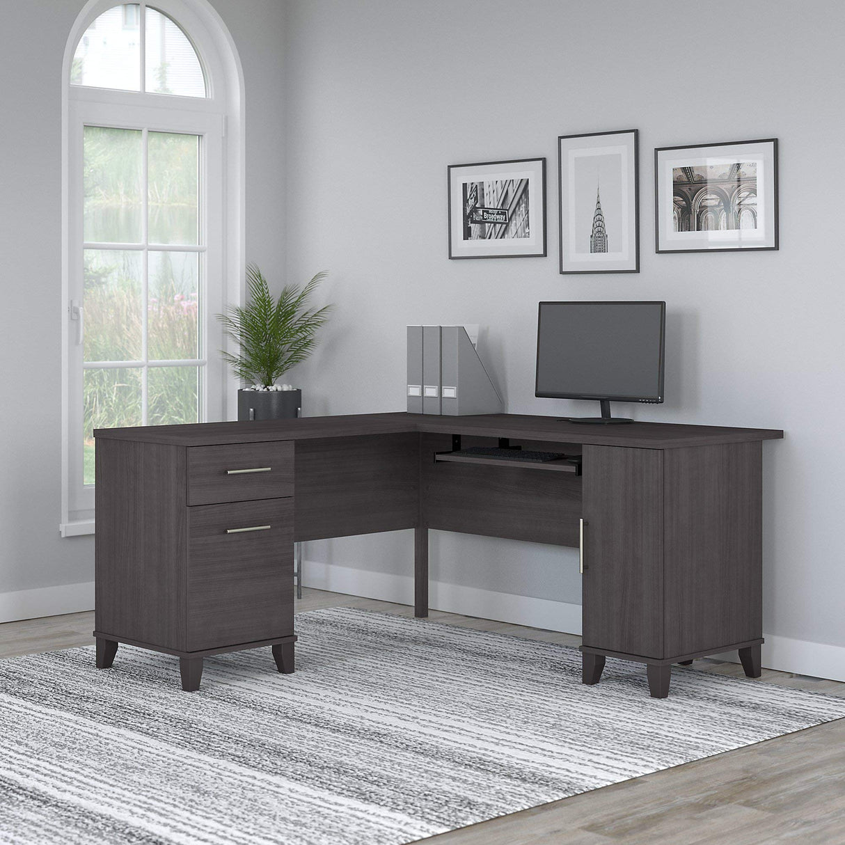 Somerset L Shaped Desk with Storage in Storm Gray Corner