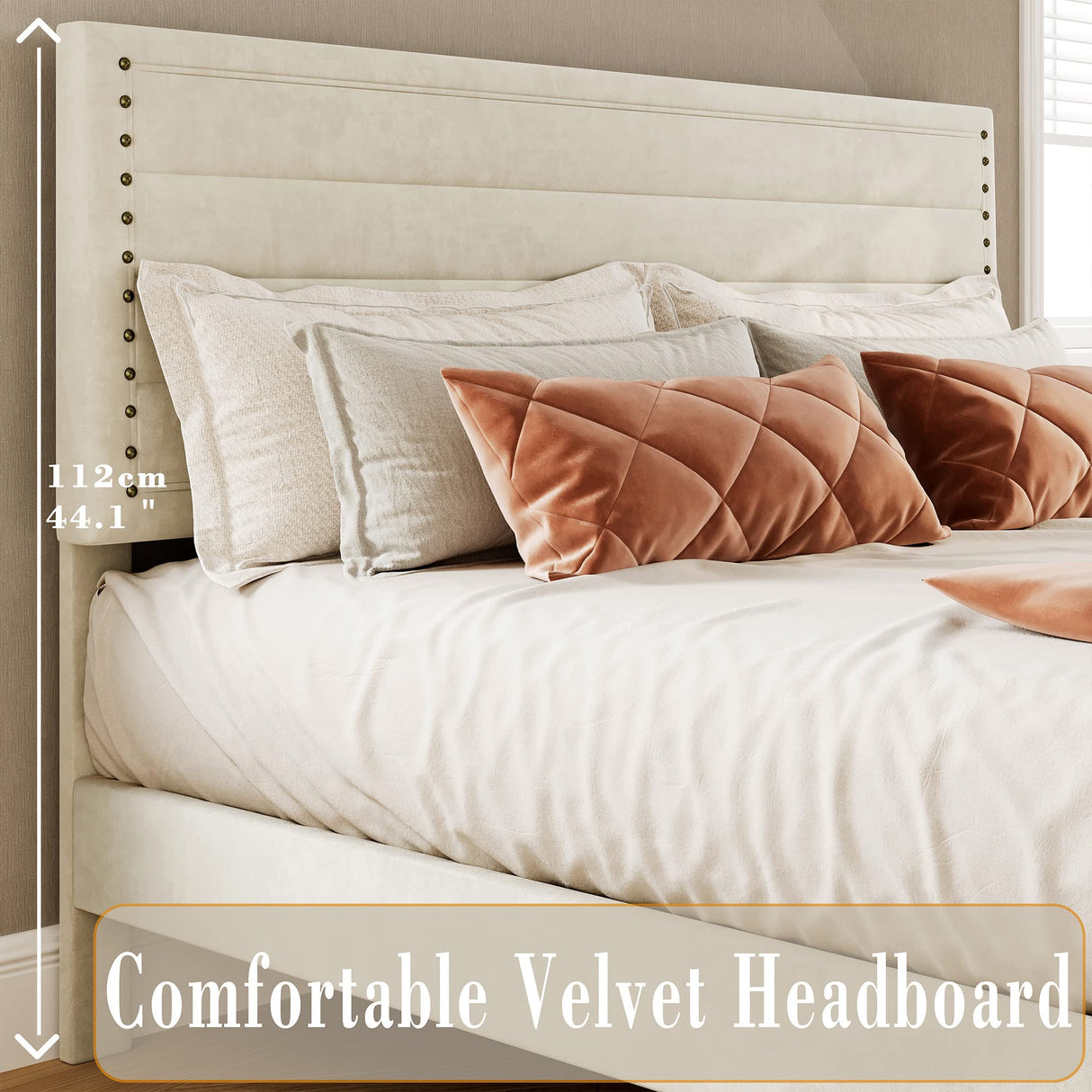 King Size Bed Frame, Upholstered Platform Bed King with Headboard Heavy Strong Metal