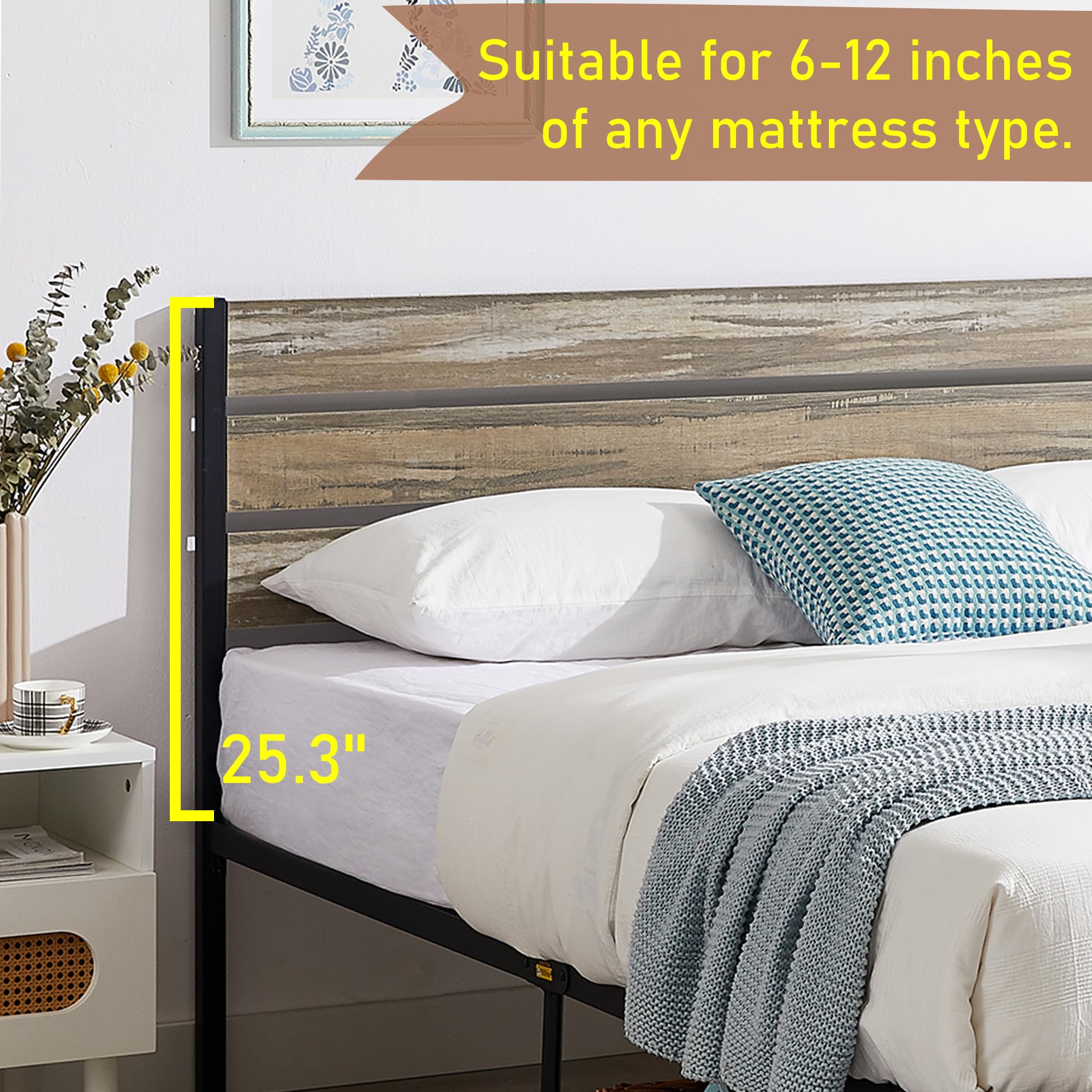 Platform Full Bed Frame with Rustic Vintage Wood Headboard and Footboard