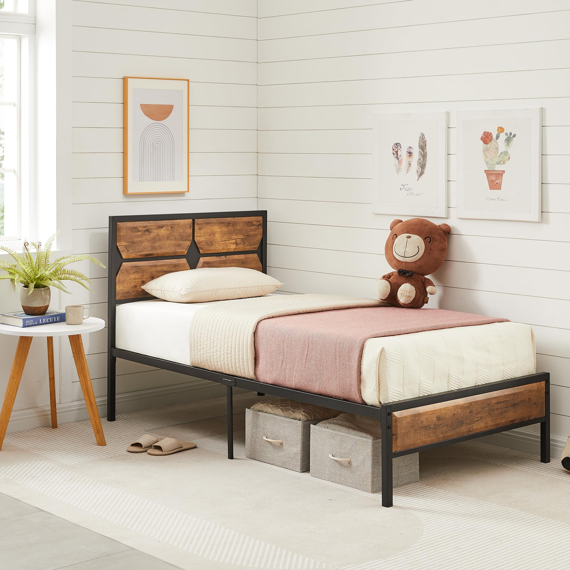 Twin Bed Frame Heavy Duty Metal Platform with Wooden Headboard Footboard Mattress