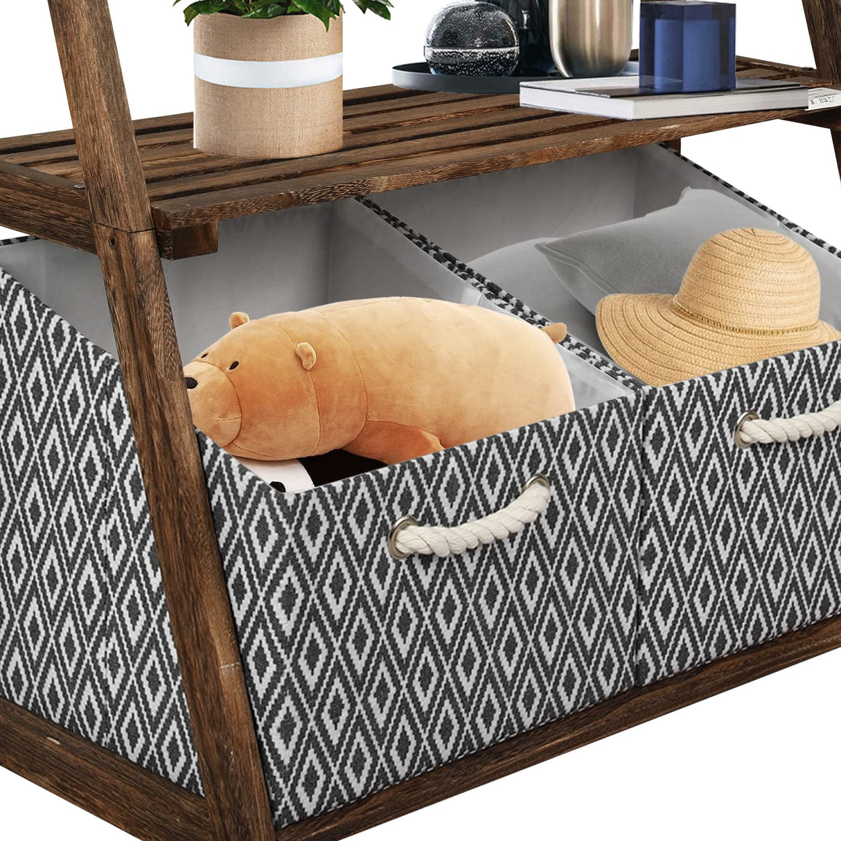 Rustic 3-Tier Wooden Ladder Shelf – Small Storage Stand with Baskets