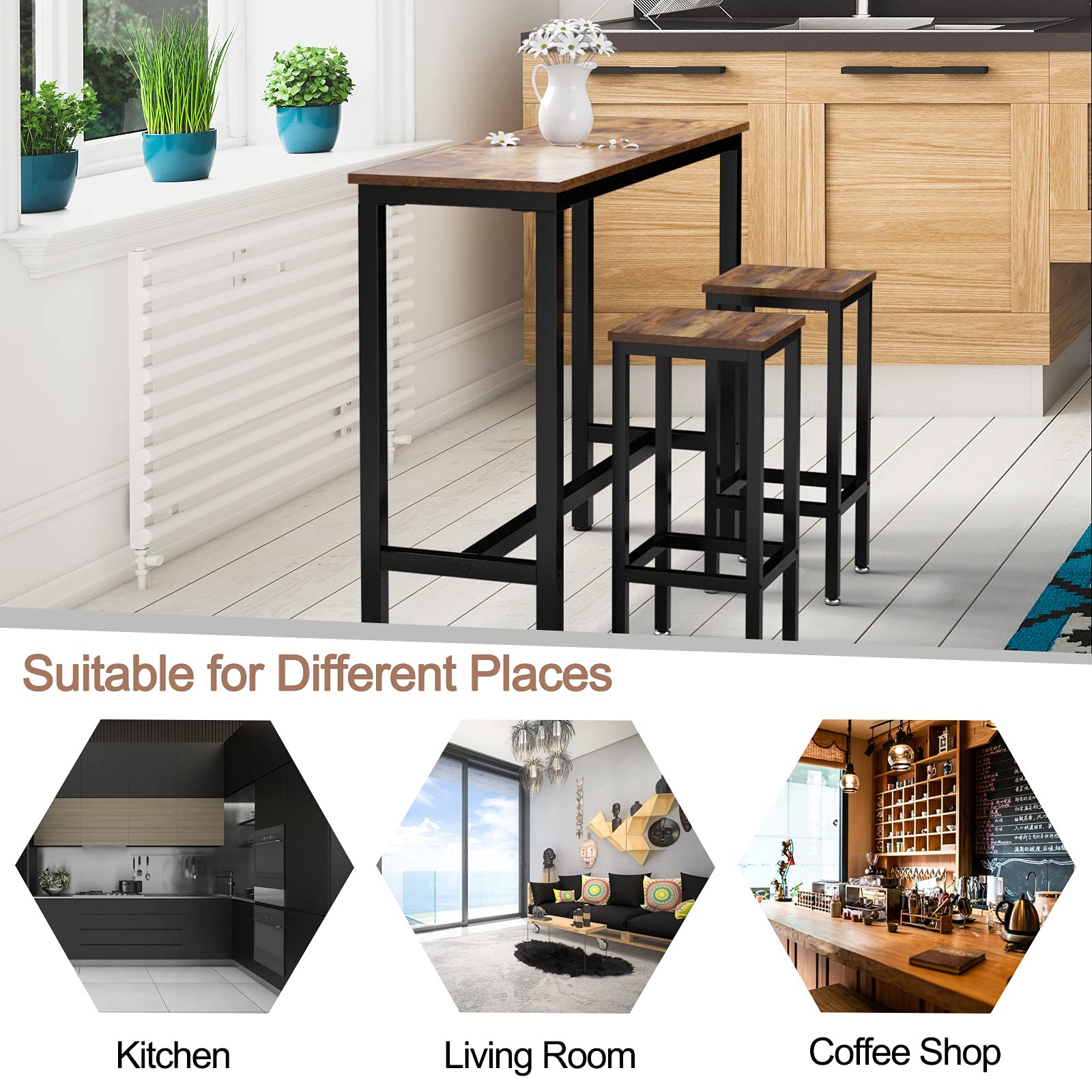 3-Piece Bar Table Set, 39.5” Bar Table with 2PC 28” Bar Stools