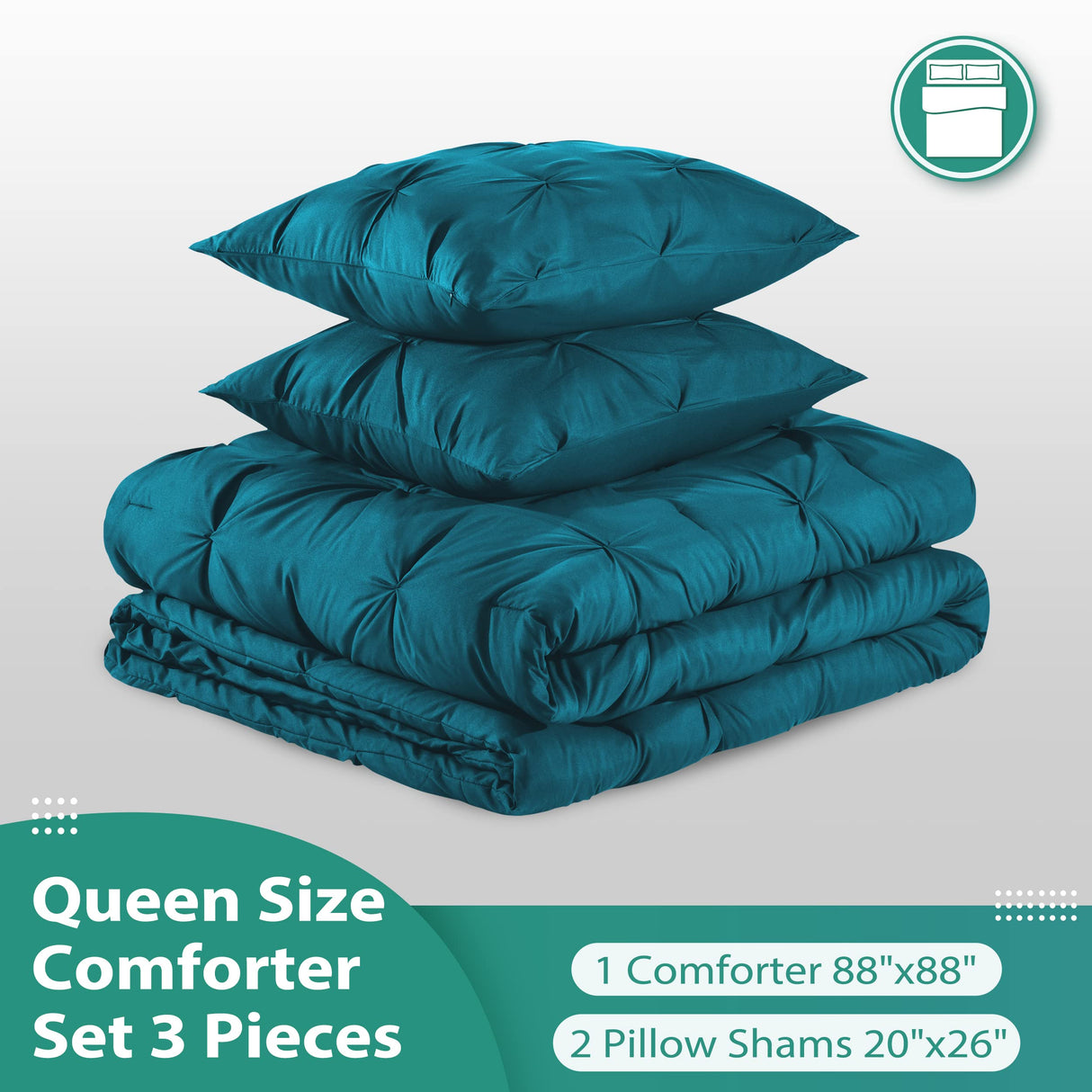 Pintuck Queen Comforter Set with 2 Pillow Shams - 3-Piece - Crystal Teal Queen Bed