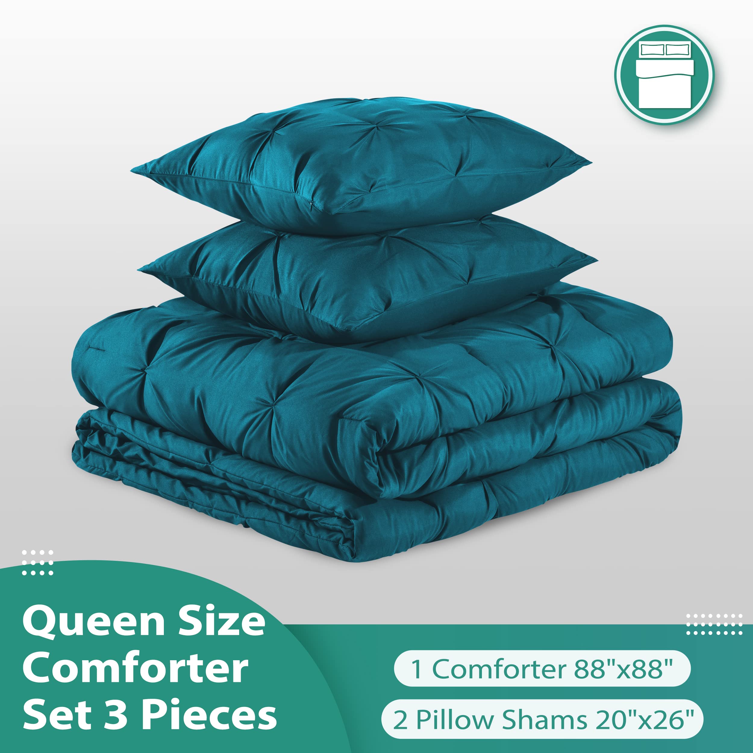 Pintuck Queen Comforter Set with 2 Pillow Shams - 3-Piece - Crystal Teal Queen Bed