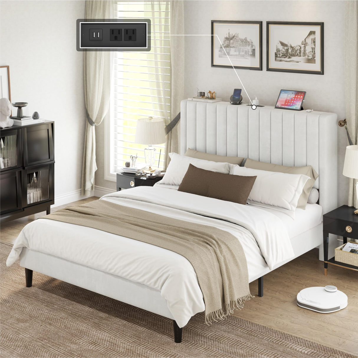 Queen Size Bed Frame, Velvet Upholstered Platform Bed