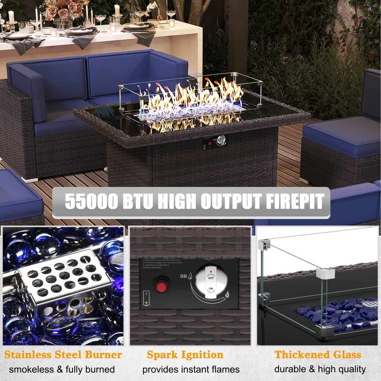 8 Pieces Outdoor Patio Furniture Set with 44" Fire Pit Table Brown Rattan