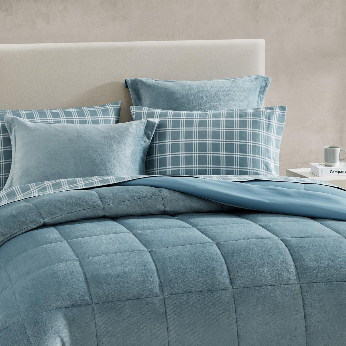 Luxury Bed in A Bag Full Plush, Light Blue 7 Piece Plush Flannel Full Size Bedding Sets