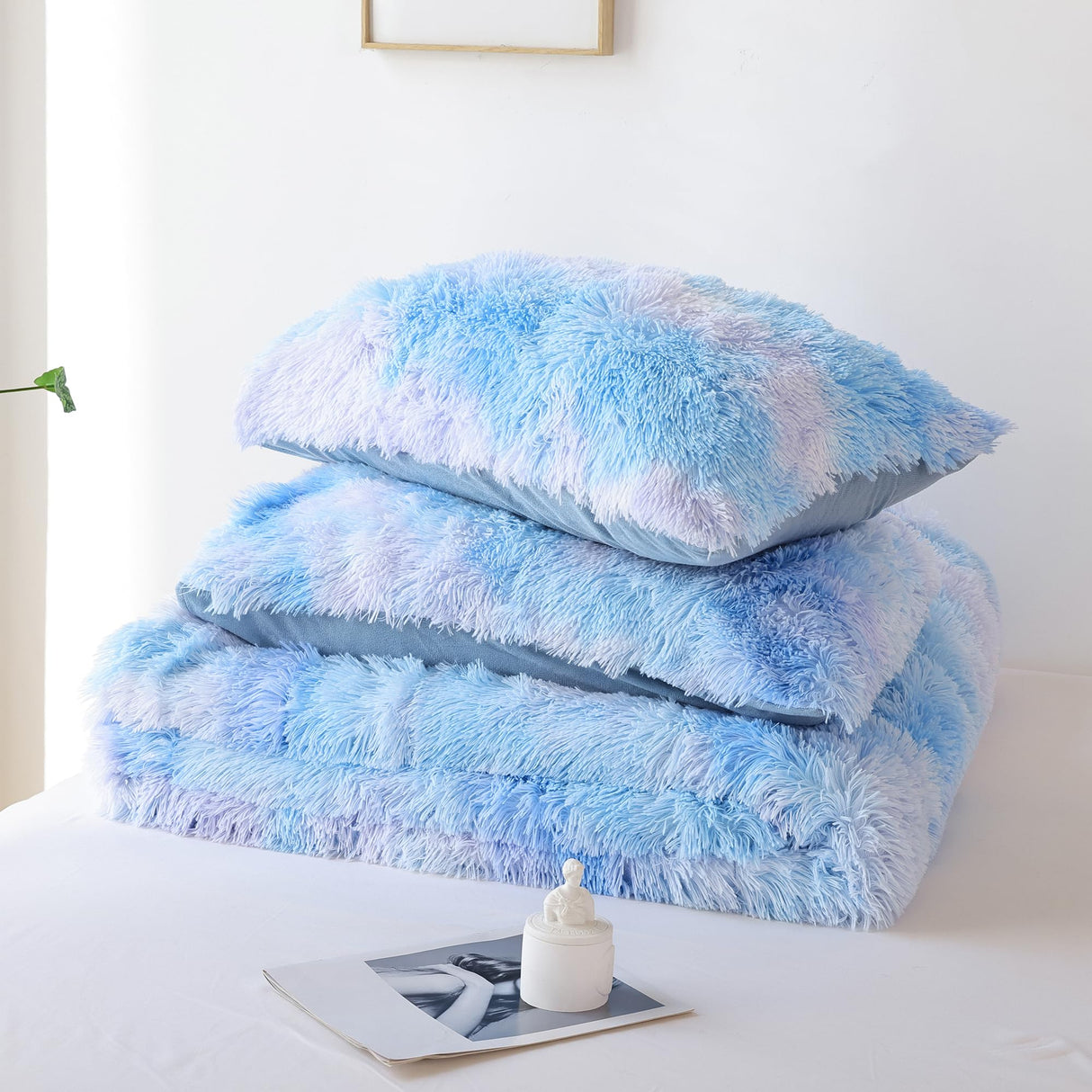 Faux Fur Comforter Queen Comforter Set Plush Comforter Tie-Dyed Colorful Blue