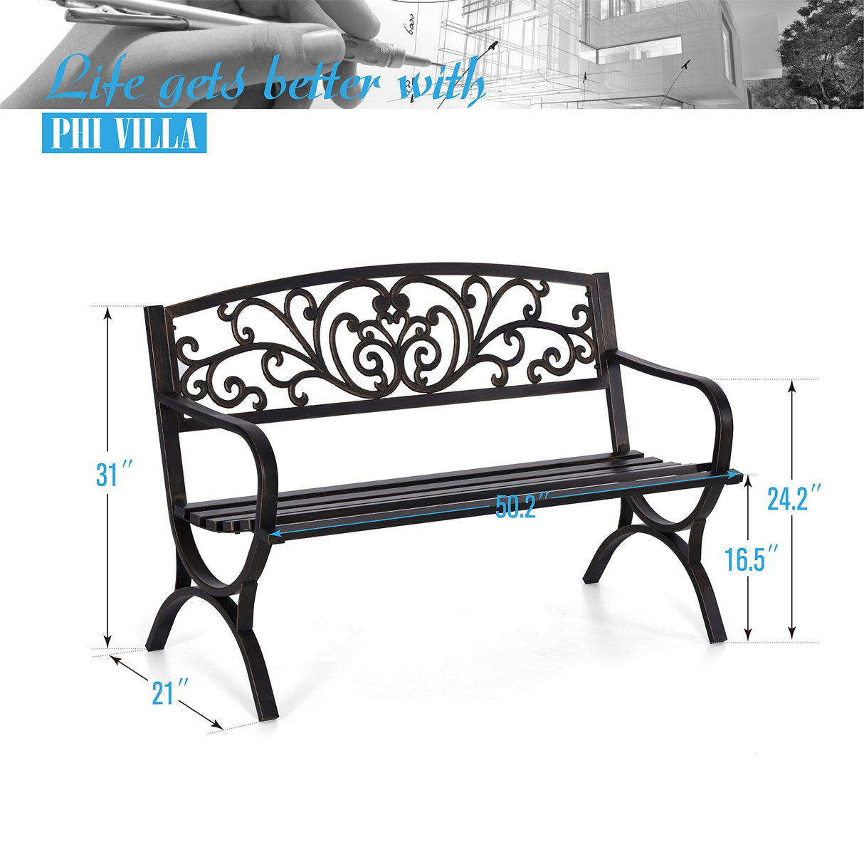 50Inch Cast Iron Steel Frame Garden Bench Patio Chair Outdoor Bench
