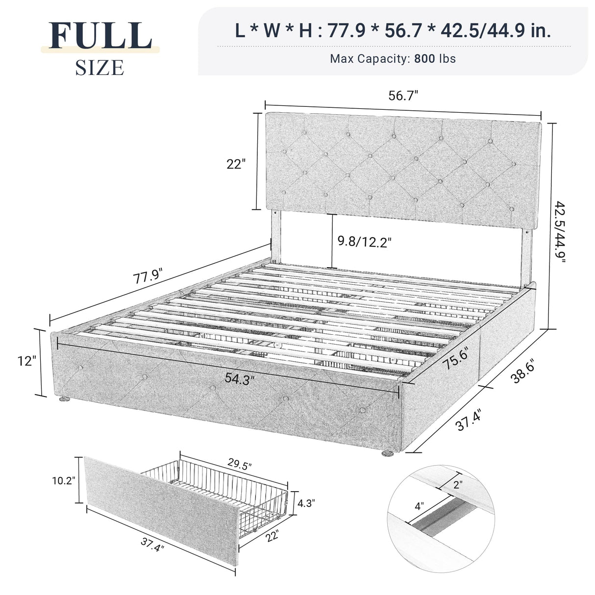 Upholstered Full Size Platform Bed Frame with 4 Storage