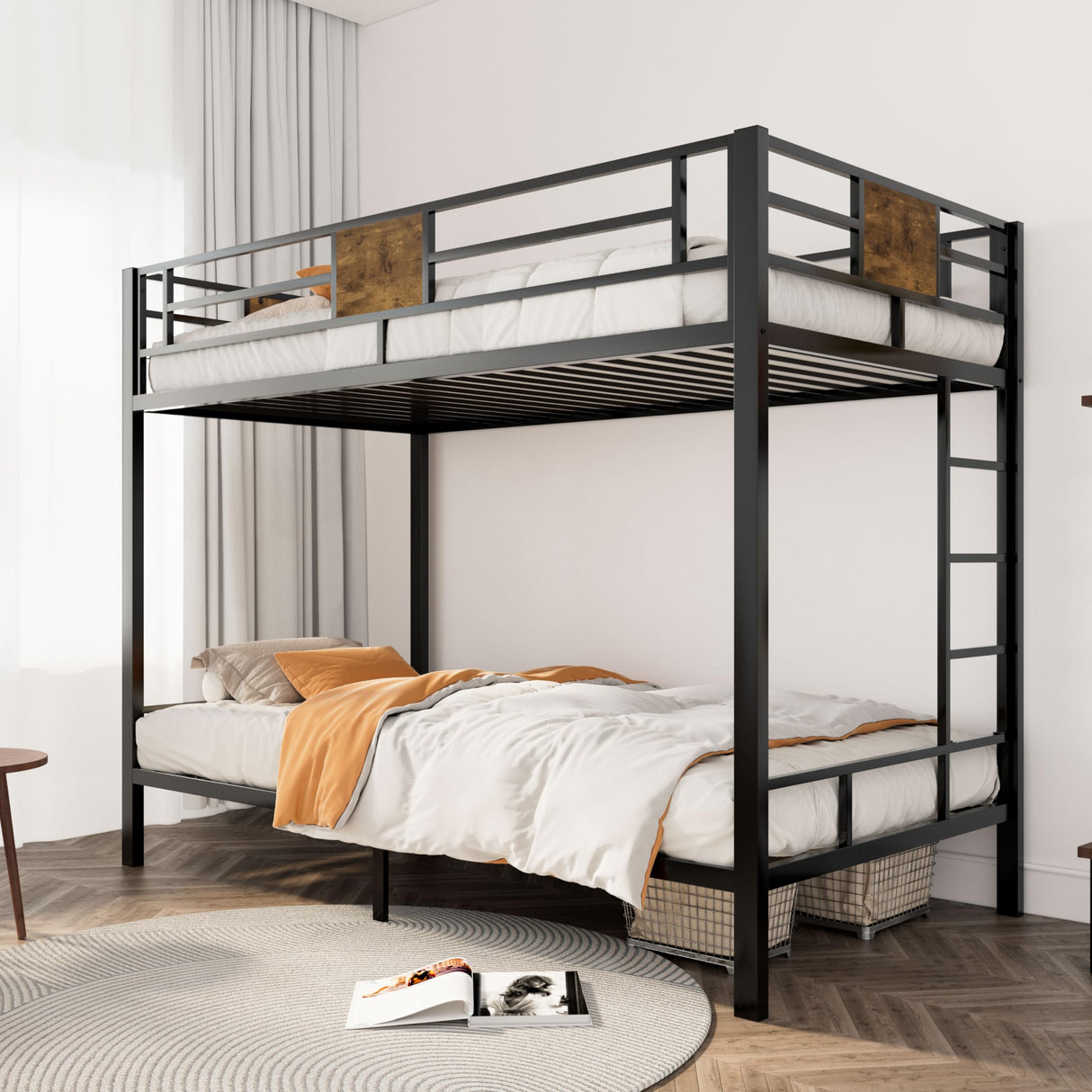Bunk Bed Twin Over Twin Size with Ladder and Full-Length Guardrail