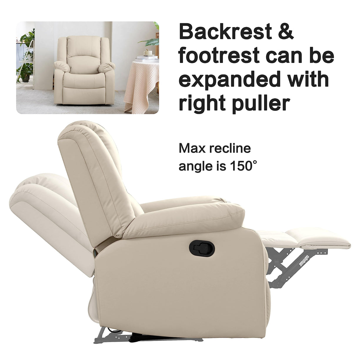 Genuine Leather Recliner Chair with Overstuffed Arm and Back - Home Theater Lounge Seat